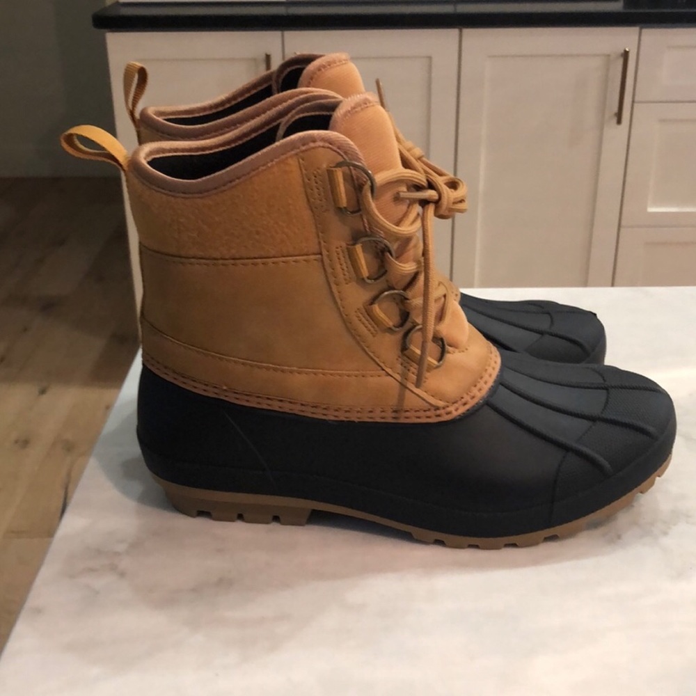 Duck boots, fleece lined, camel color, size 7